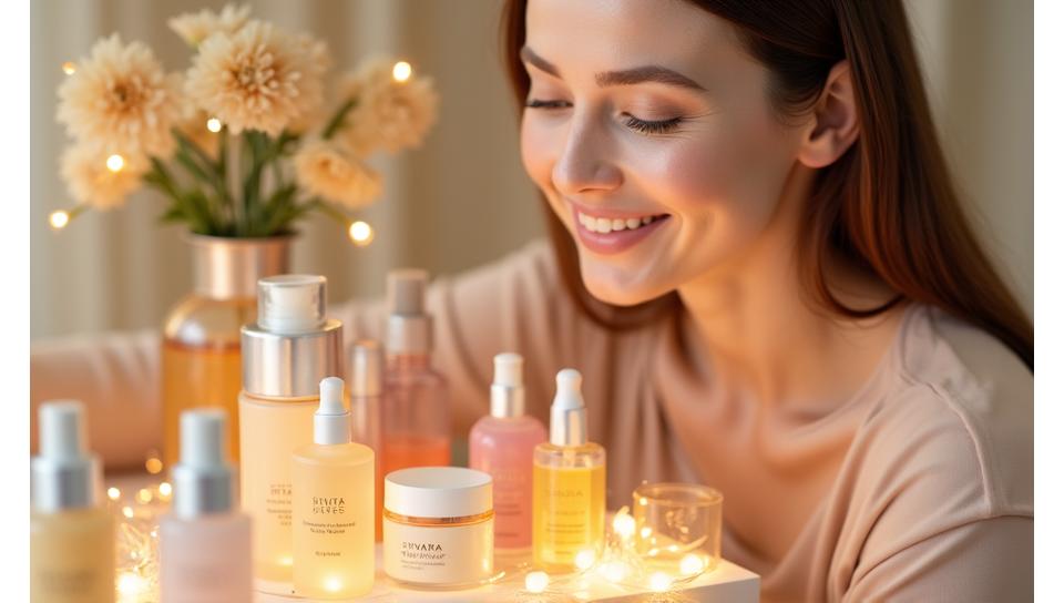 Woman happily looking at skincare products, surrounded by soft glow